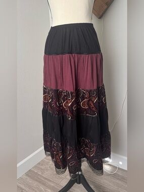Vintage 90s FANG Whimsigoth Tiered Paisley Maxi Skirt Burgundy Black
